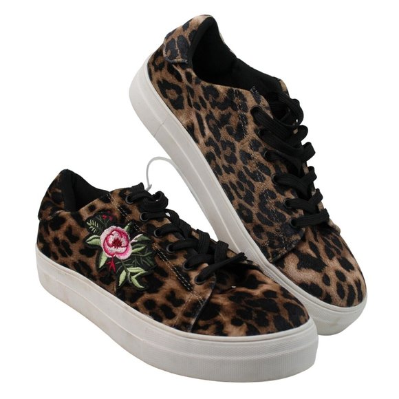 Madden Girl Addie Sz 9M Leopard Print Suede Rose Embroidered Laces Tennis Shoes - Picture 2 of 11